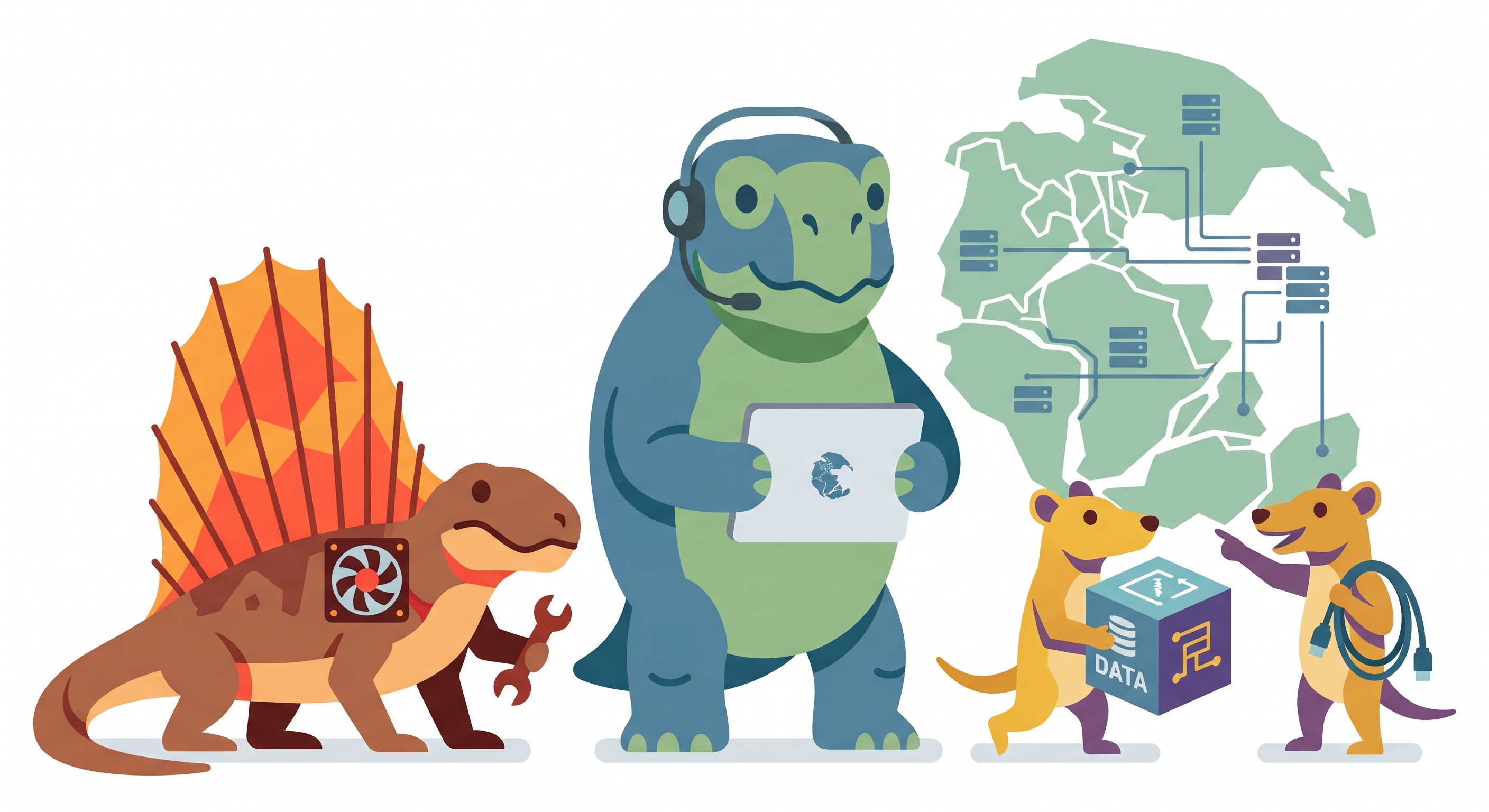 Pangea's friendly green dinosaur crew, ready to help with your next build
